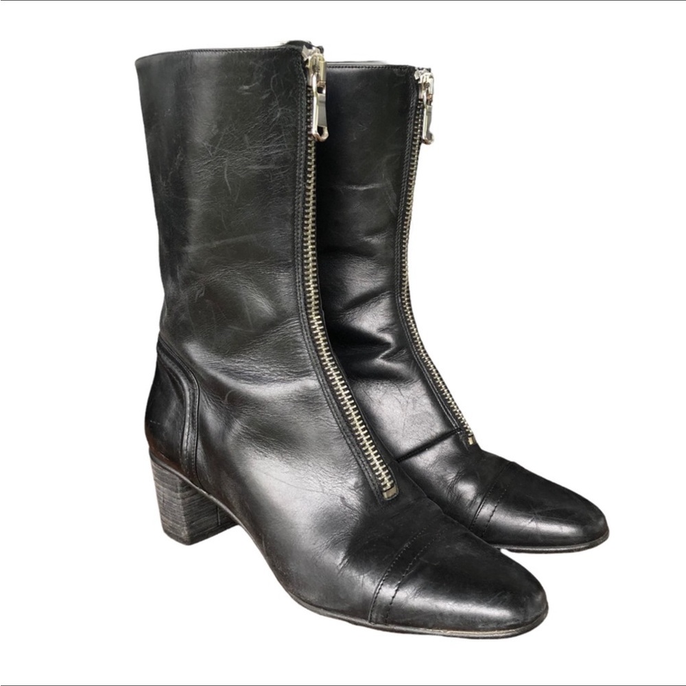 Zara Black Front-Zip Leather Mid-Calf Heeled Boots  41  10,5